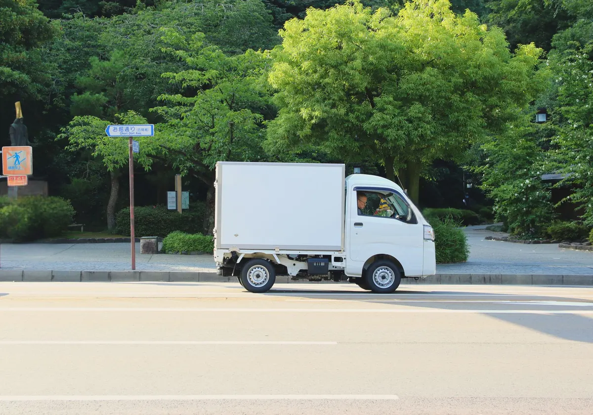 Caminhão pequeno de carga branco circulando numa rua arborizada